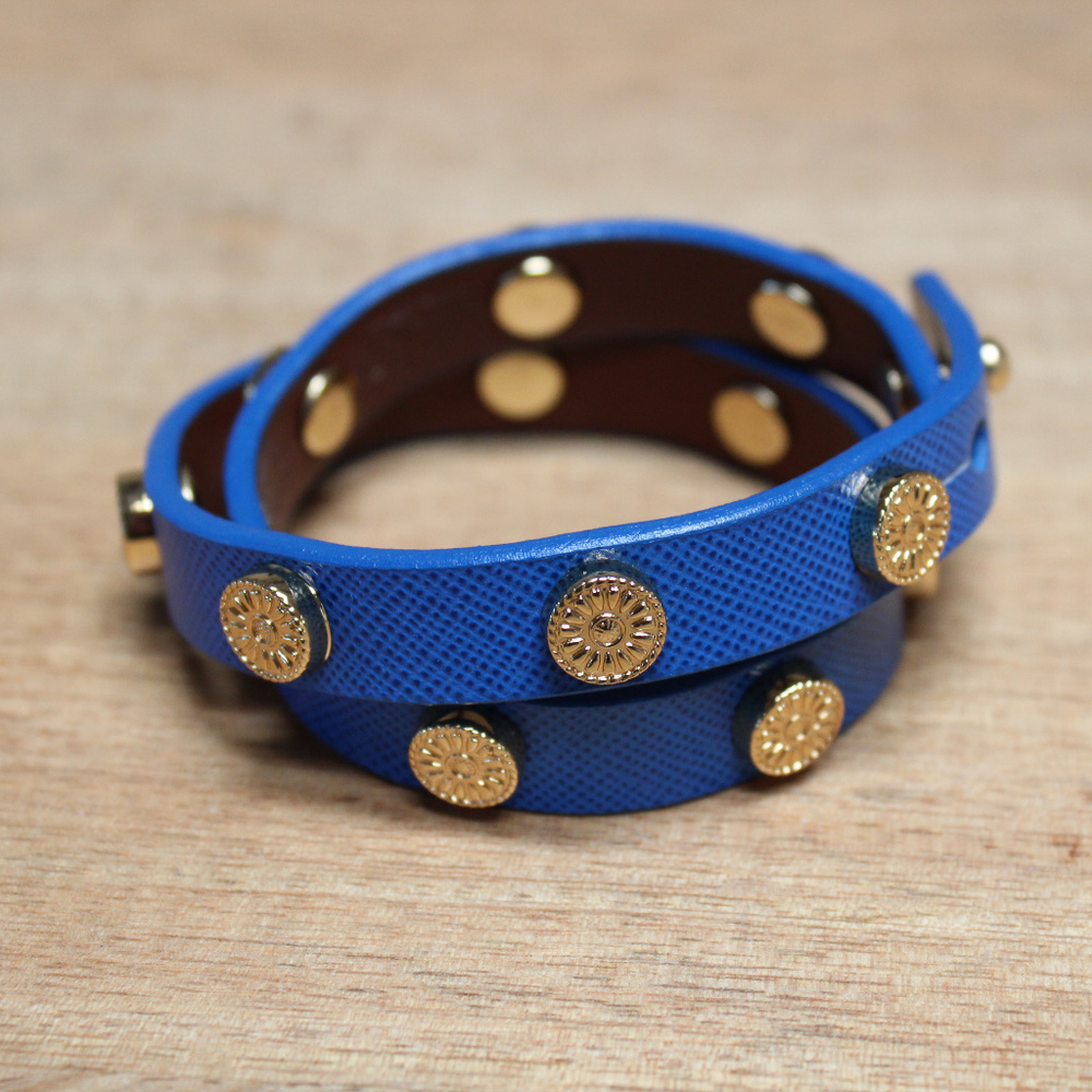 Tory Burch Royal Blue Leather Wrap Bracelet with Gold Medallions